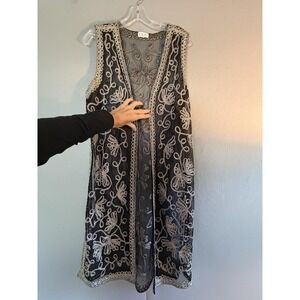 I.S.C. Vest Womens Medium Black Mesh Embroidered Sheer Long Open Boho Duster